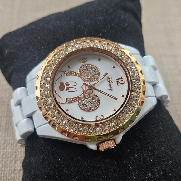 accutime Accessories - Minnie Mouse Disney Wristwatch White Band Crystals Accent Bezel Analog Watch
